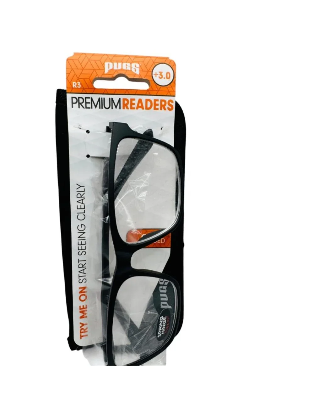 Pugs Premium Readers +3.0 Black Spring Hinge Flex Fit Eyeglasses With Case